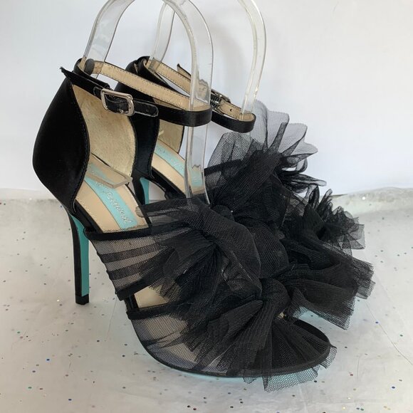 Betsey Johnson Y2K Blue Black Tulle Mesh Double Bow Dressy Stiletto Heels - 6